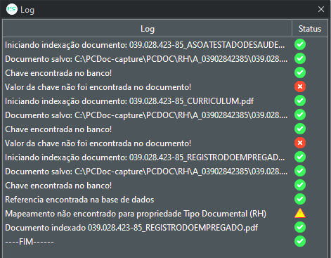 Janela de Log do resultado da Indexação.