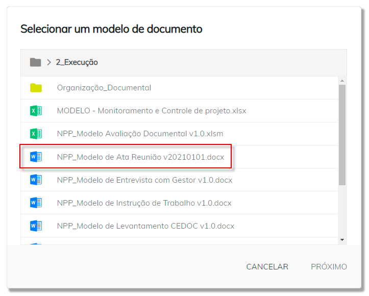 Selecionar modelo de documento